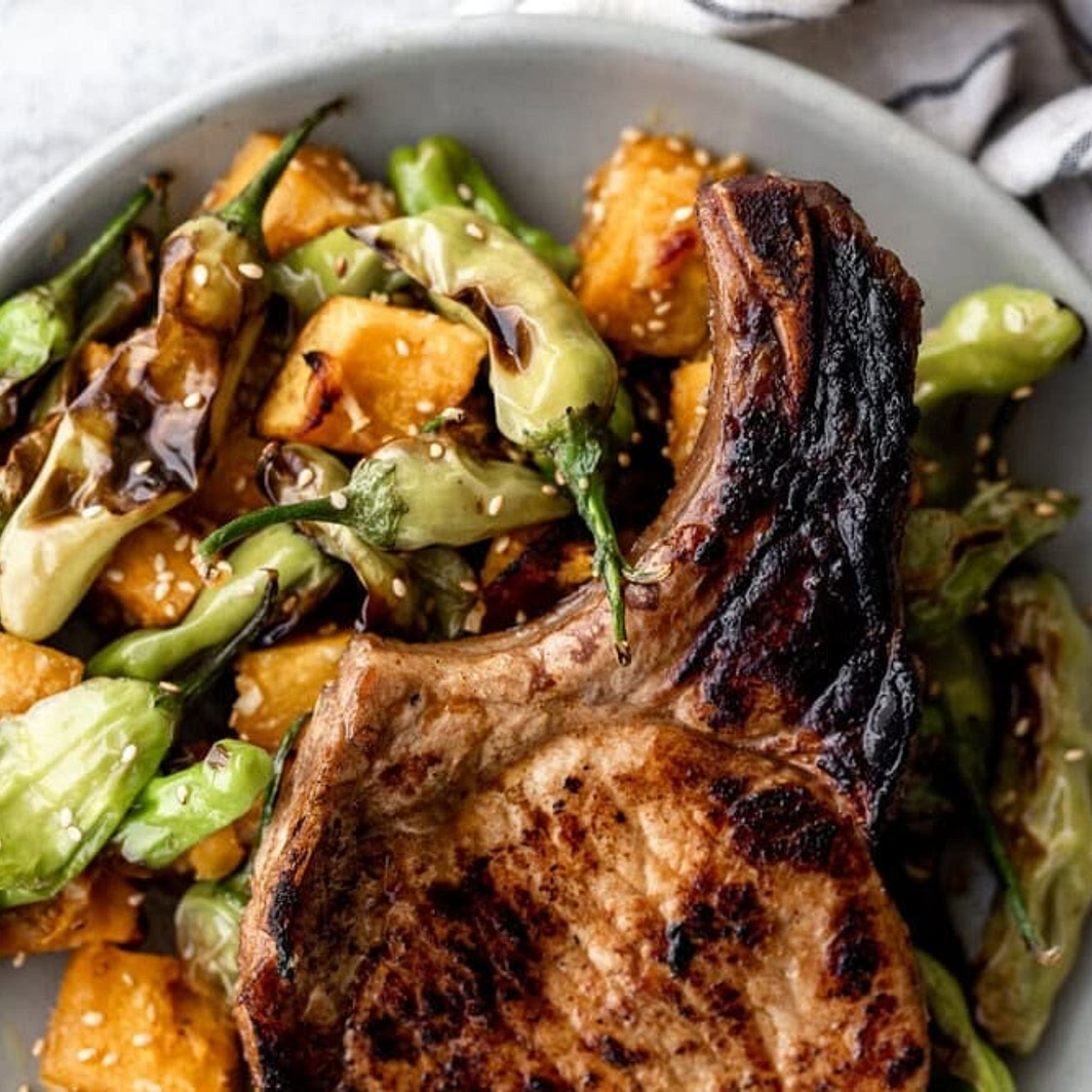 Honey Soy Roasted Pork Chops with Miso Roasted Kabocha Squash & Shishito Peppers