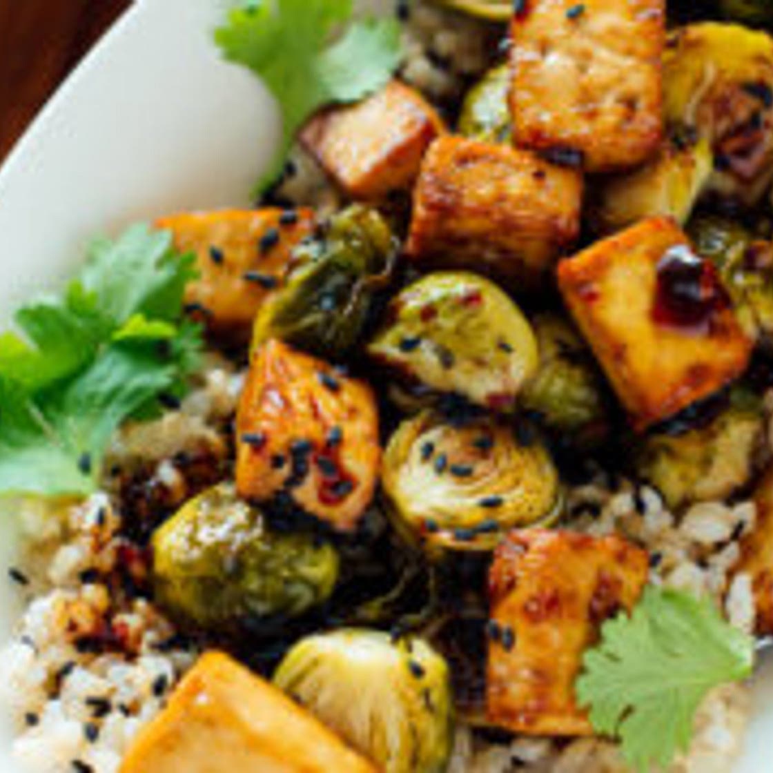 Roasted Brussels Sprouts and Crispy Baked Tofu with Honey-Sesame Glaze