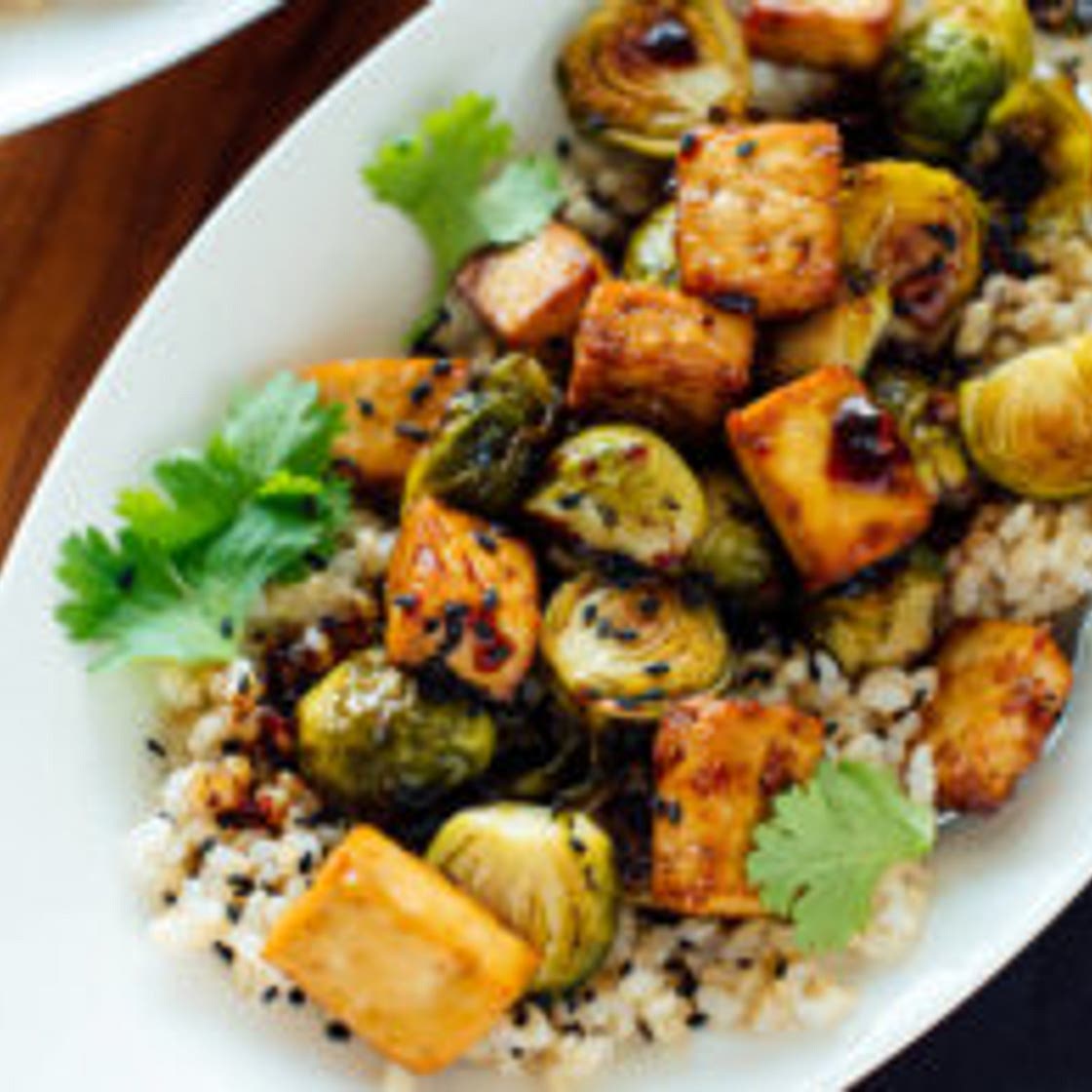 Roasted Brussels Sprouts and Crispy Baked Tofu with Honey-Sesame Glaze