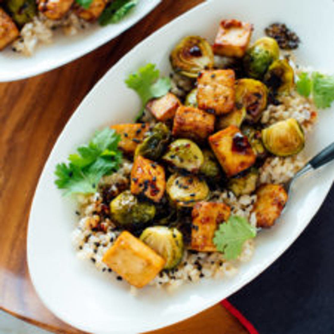 Roasted Brussels Sprouts and Crispy Baked Tofu with Honey-Sesame Glaze