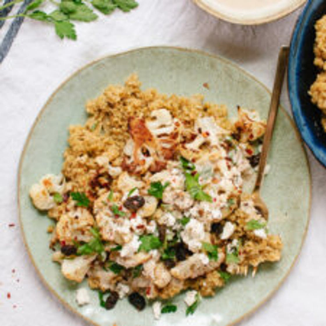 Freekeh Pilaf with Roasted Cauliflower and Garlicky Tahini Sauce