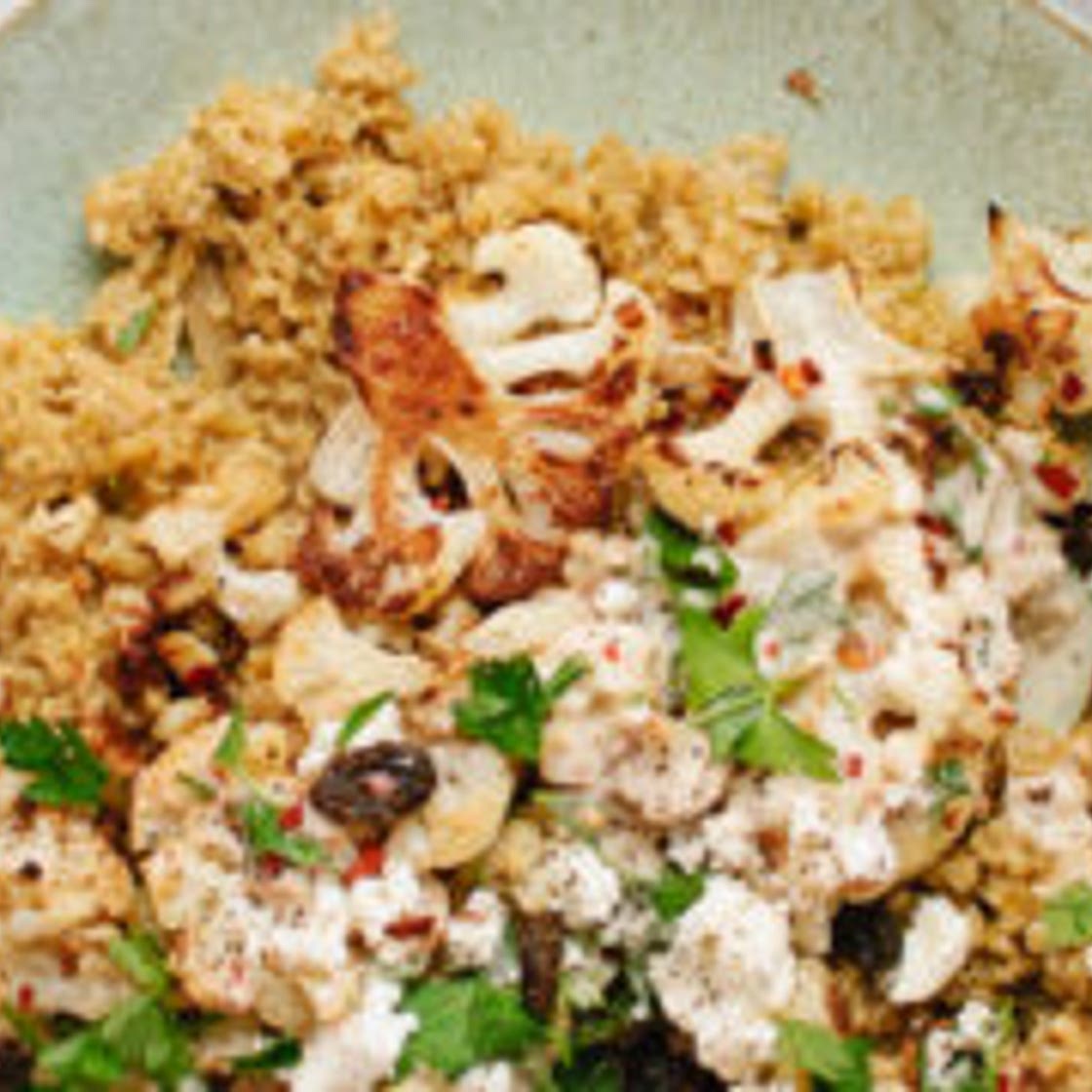 Freekeh Pilaf with Roasted Cauliflower and Garlicky Tahini Sauce