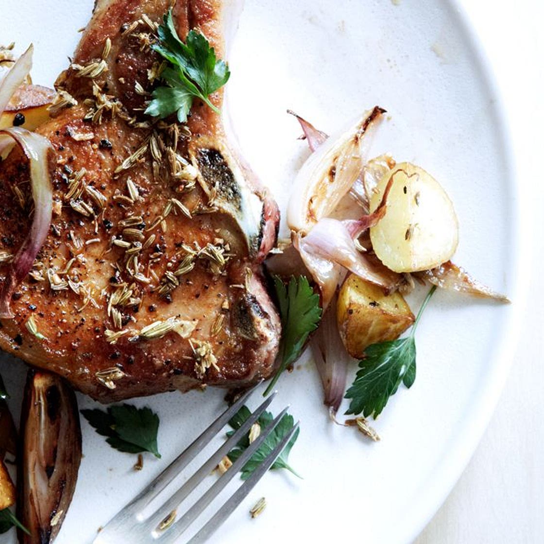 Fennel-Crusted Pork Chops with Potatoes and Shallots