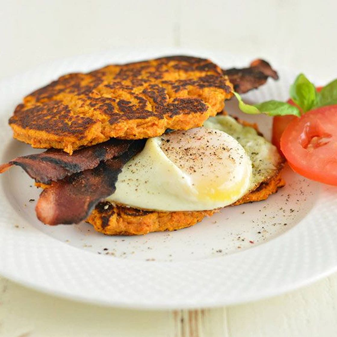 Bacon & Egg Sweet Potato Pancake Breakfast Sandwich