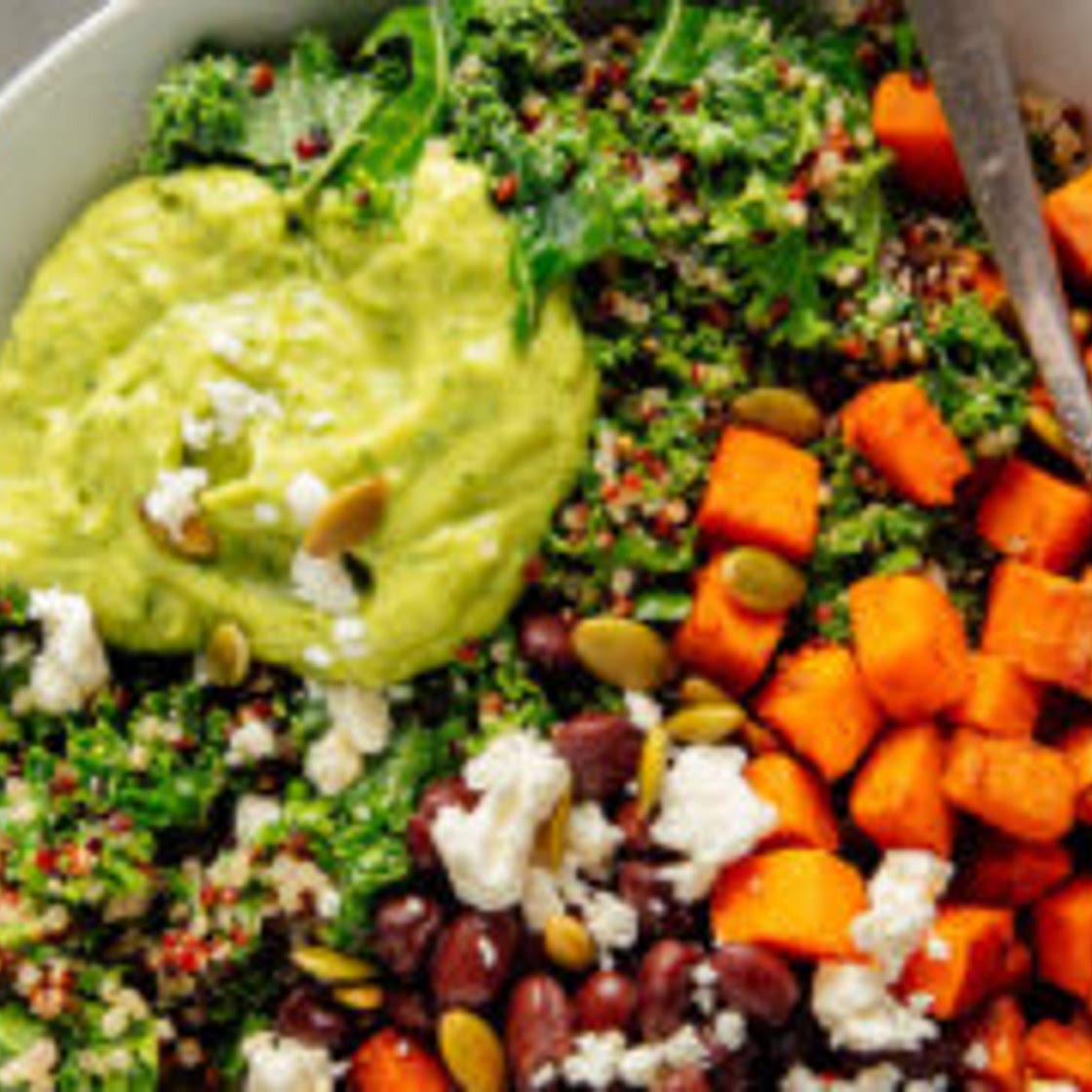 Southwestern Kale Power Salad with Sweet Potato, Quinoa & Avocado Sauce