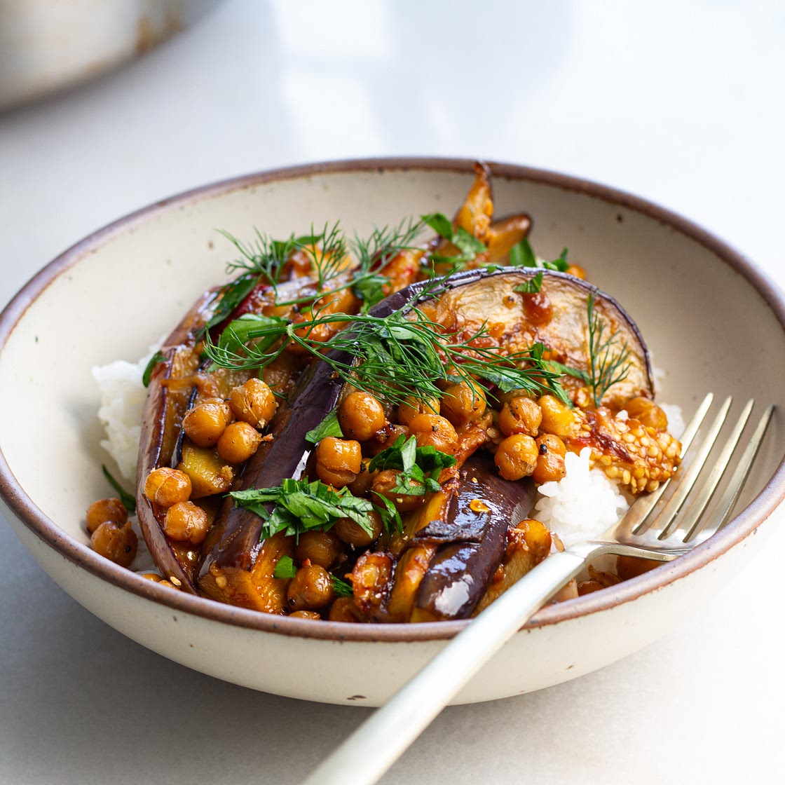 Calabrian Chili Butter Eggplant with Crispy Chickpeas