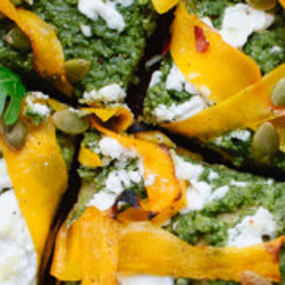 Butternut Ribbon Goat Cheese Pizza with Arugula-Pepita Pesto