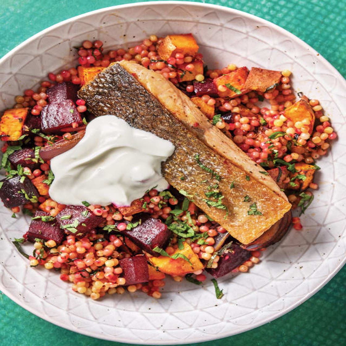 Seared Salmon & Pearl Couscous with Roasted Veggies & Lemon Yoghurt
