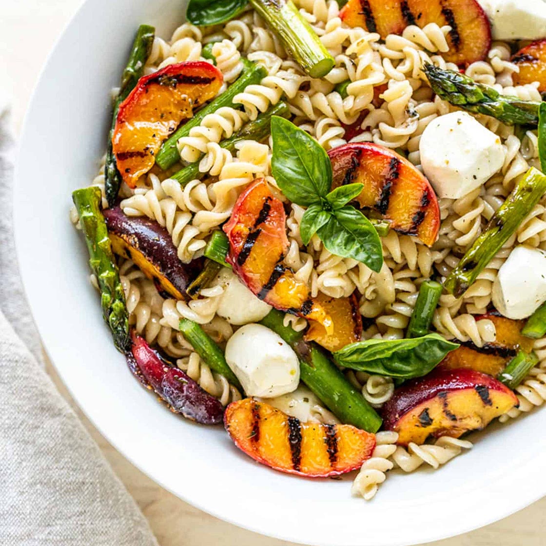 Grilled Peach + Asparagus Pasta Salad