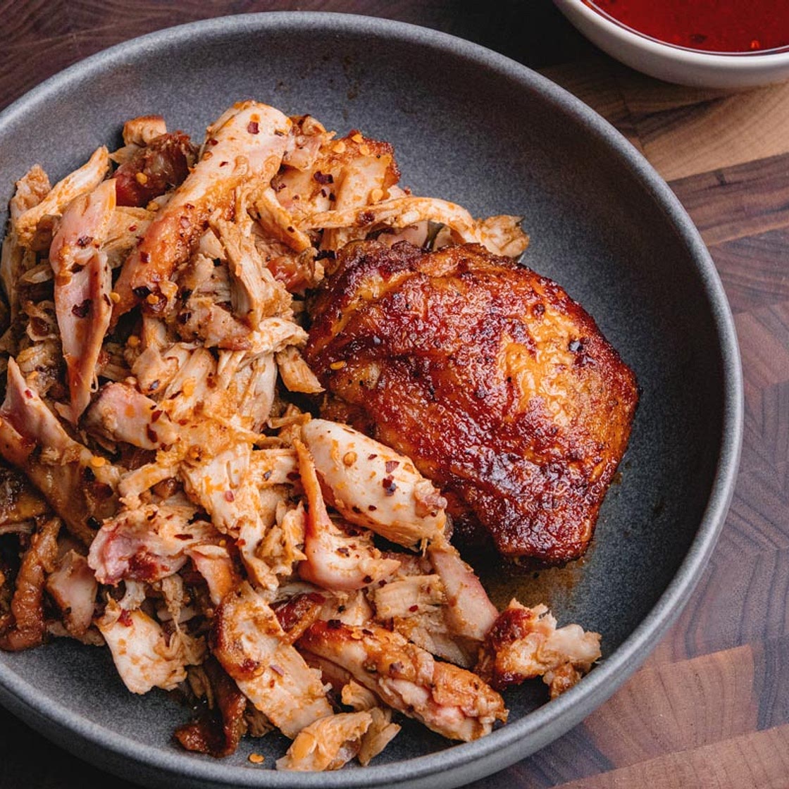 Smoked Hot Honey Pulled Chicken Thighs