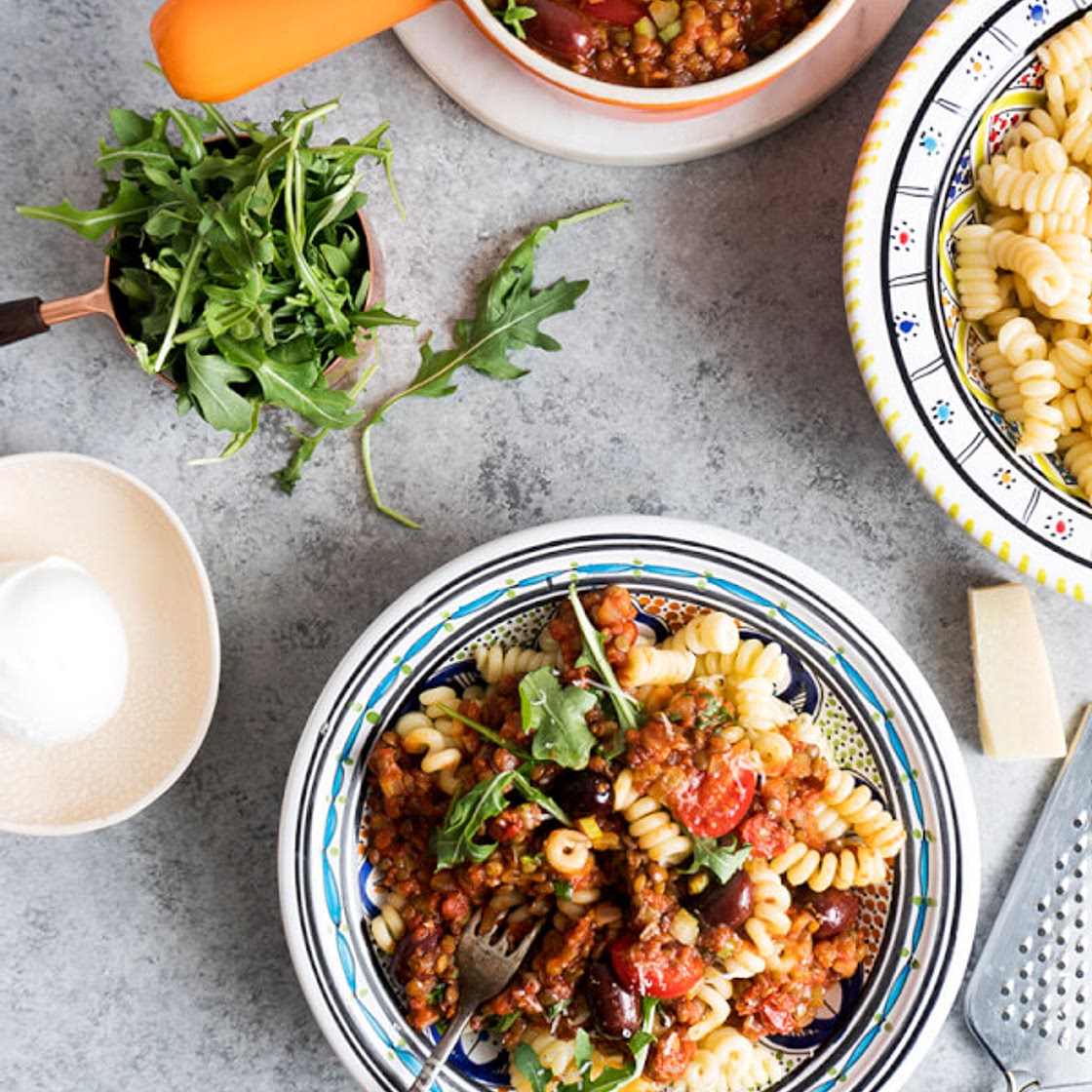 Pasta à la sicilienne aux lentilles et olives kalamata