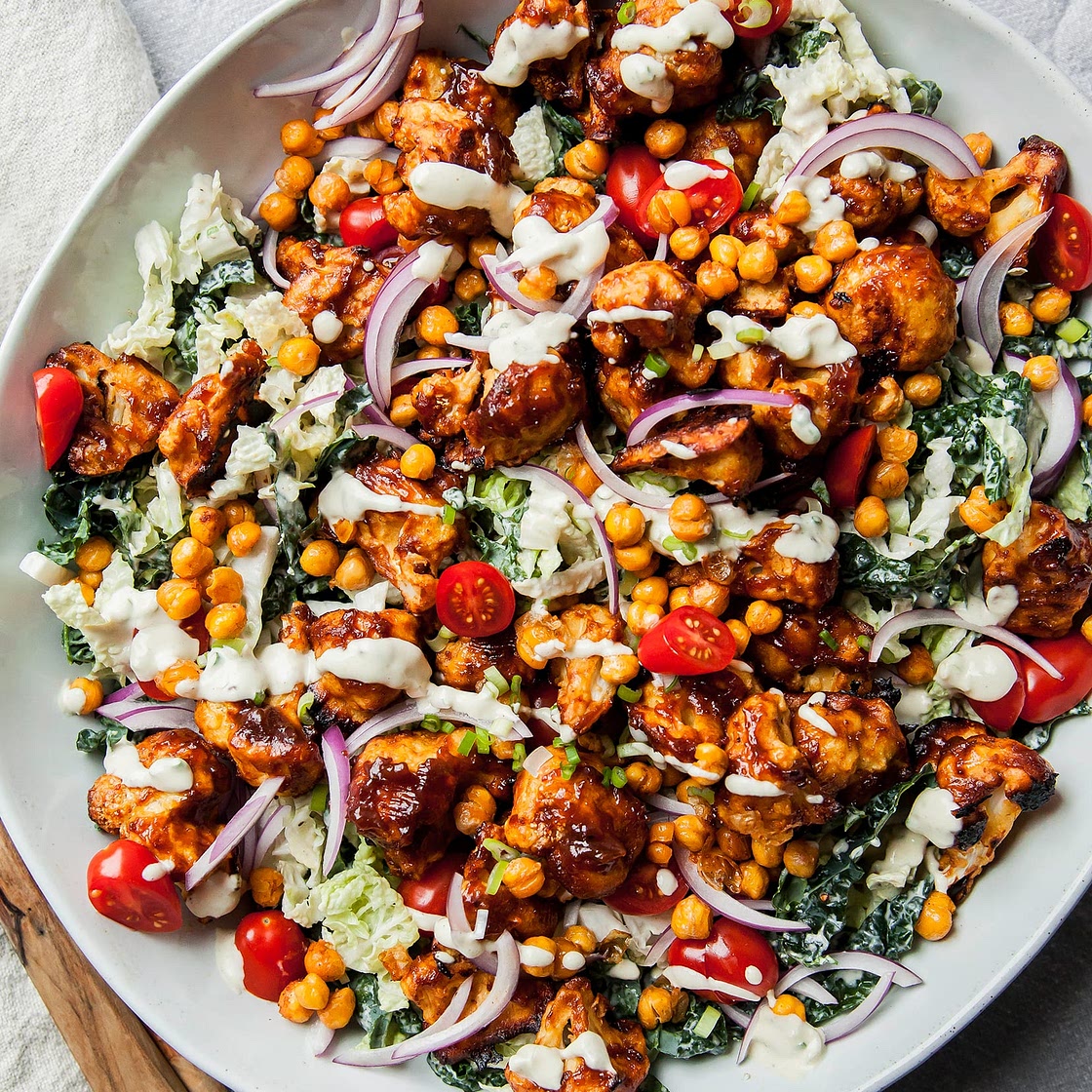 Napa and Kale Slaw with Crunchy BBQ Cauliflower & Pickled Jalapeño Ranch