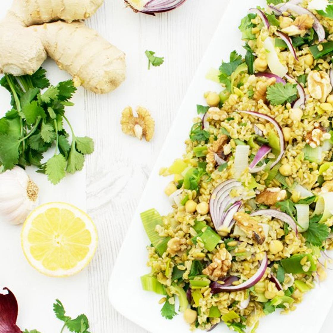 Freekeh & Leek Salad with Miso Dressing [vegan]