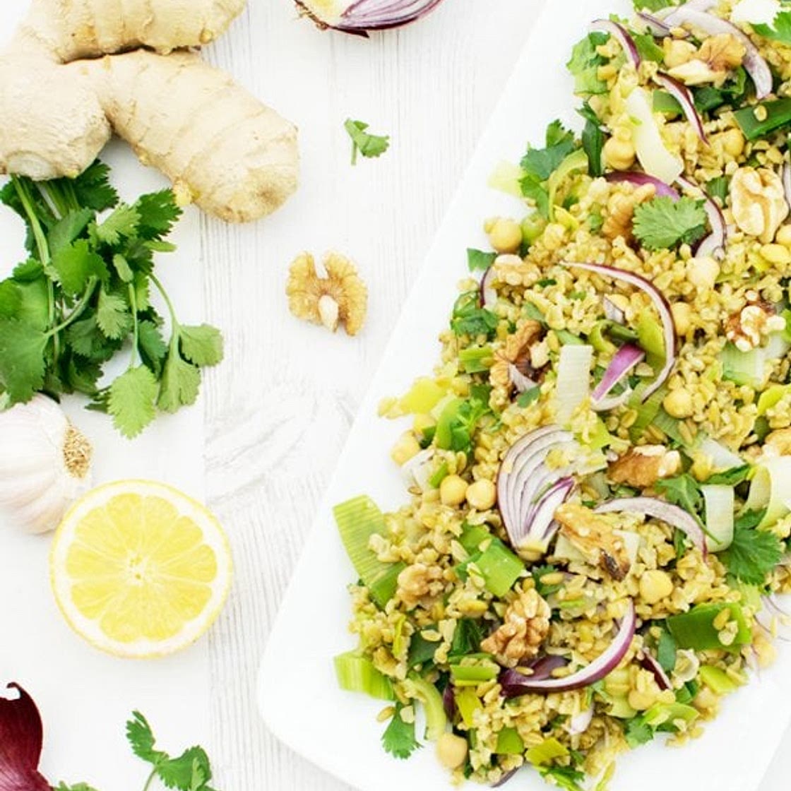 Freekeh & Leek Salad with Miso Dressing [vegan]