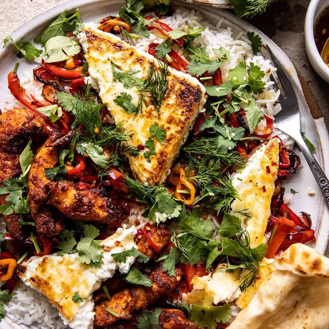 Crispy Feta with Lemon Pepper Chicken and Rice