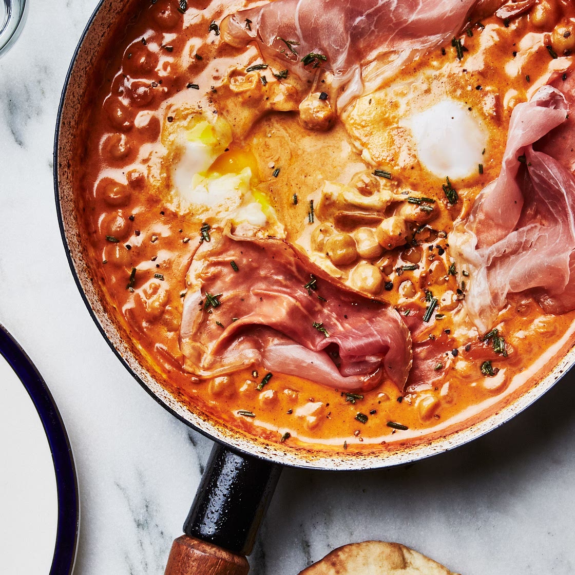 Spicy Creamy Chickpeas With Runny Eggs and Prosciutto