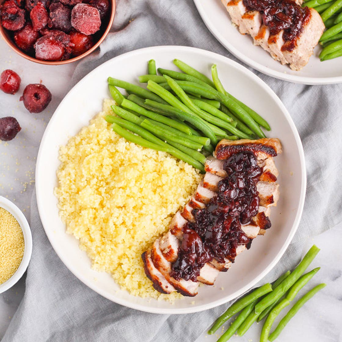 Pork Chops with Cherry Balsamic Sauce, Couscous & Green Beans