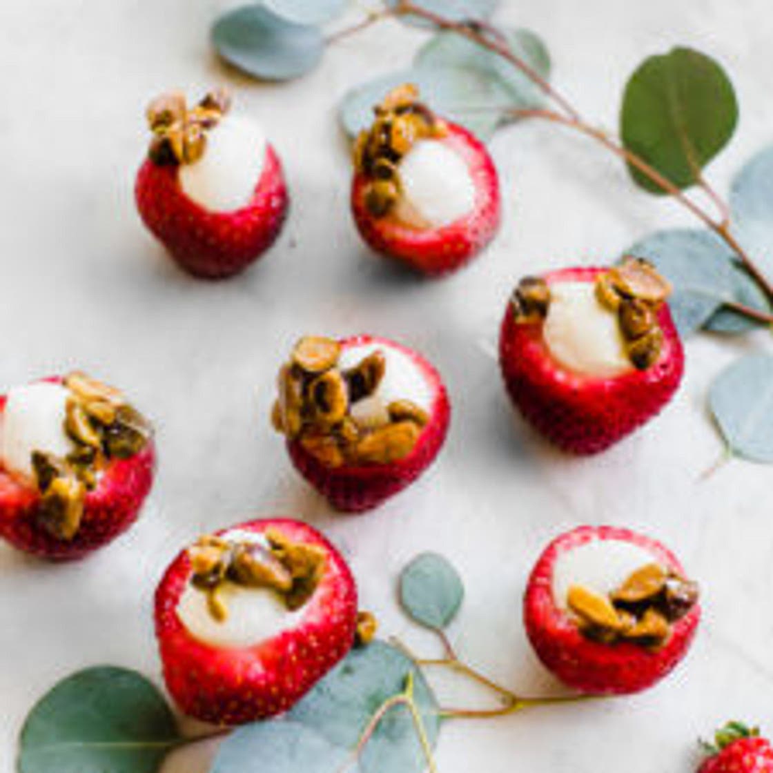 Mozzarella Stuffed Strawberries with Honey and Candied Pistachios