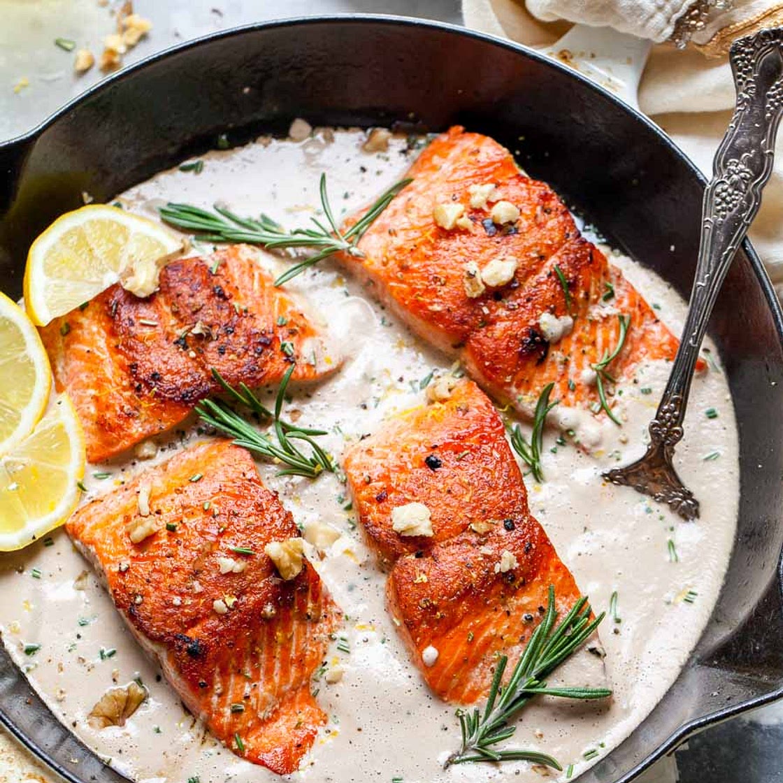 Pan Seared Salmon with Rosemary-Walnut Sauce