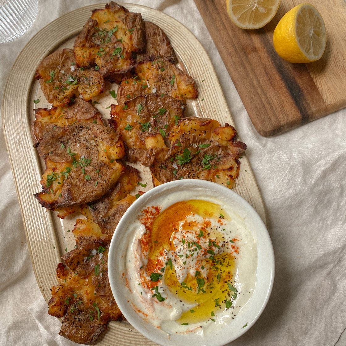 Crispy Smashed Potatoes with Lemon Garlic Yogurt Dip