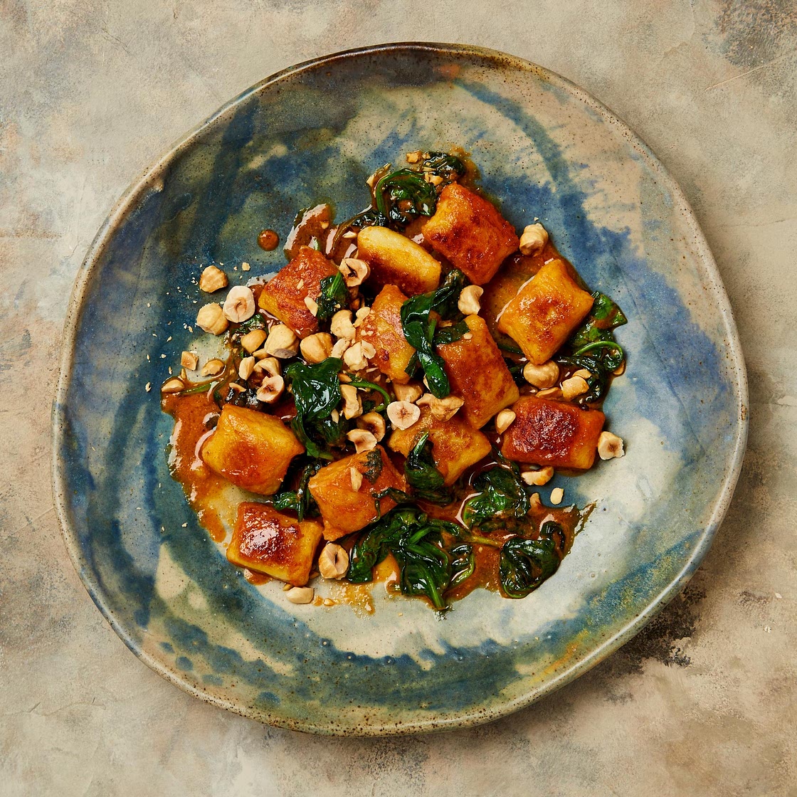 Parsnip and potato gnocchi with gochujang and hazelnuts