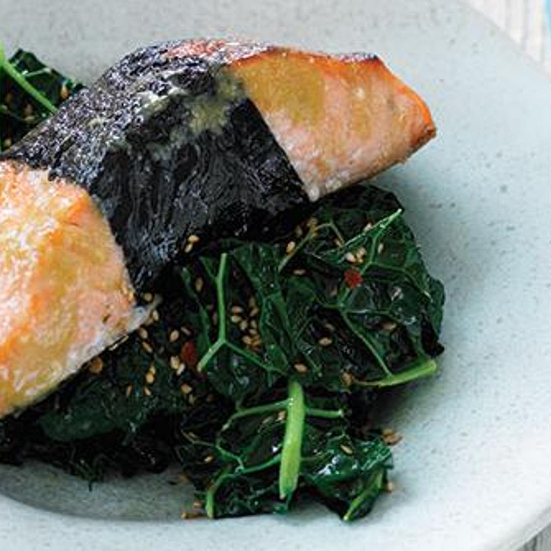 Nori-Wrapped Glazed Salmon with Sesame Kale