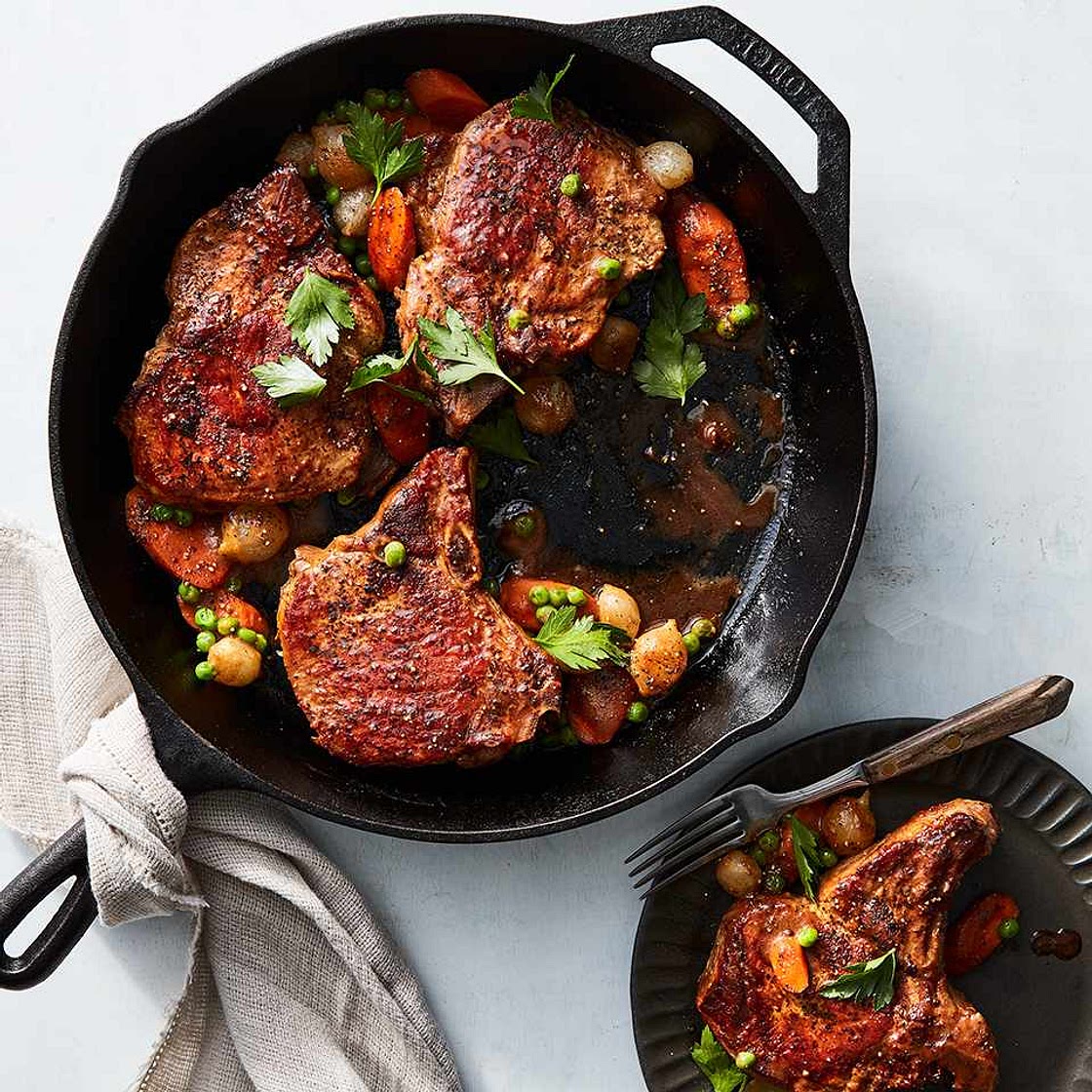 Skillet Pork Chops with Peas, Carrots & Pearl Onions