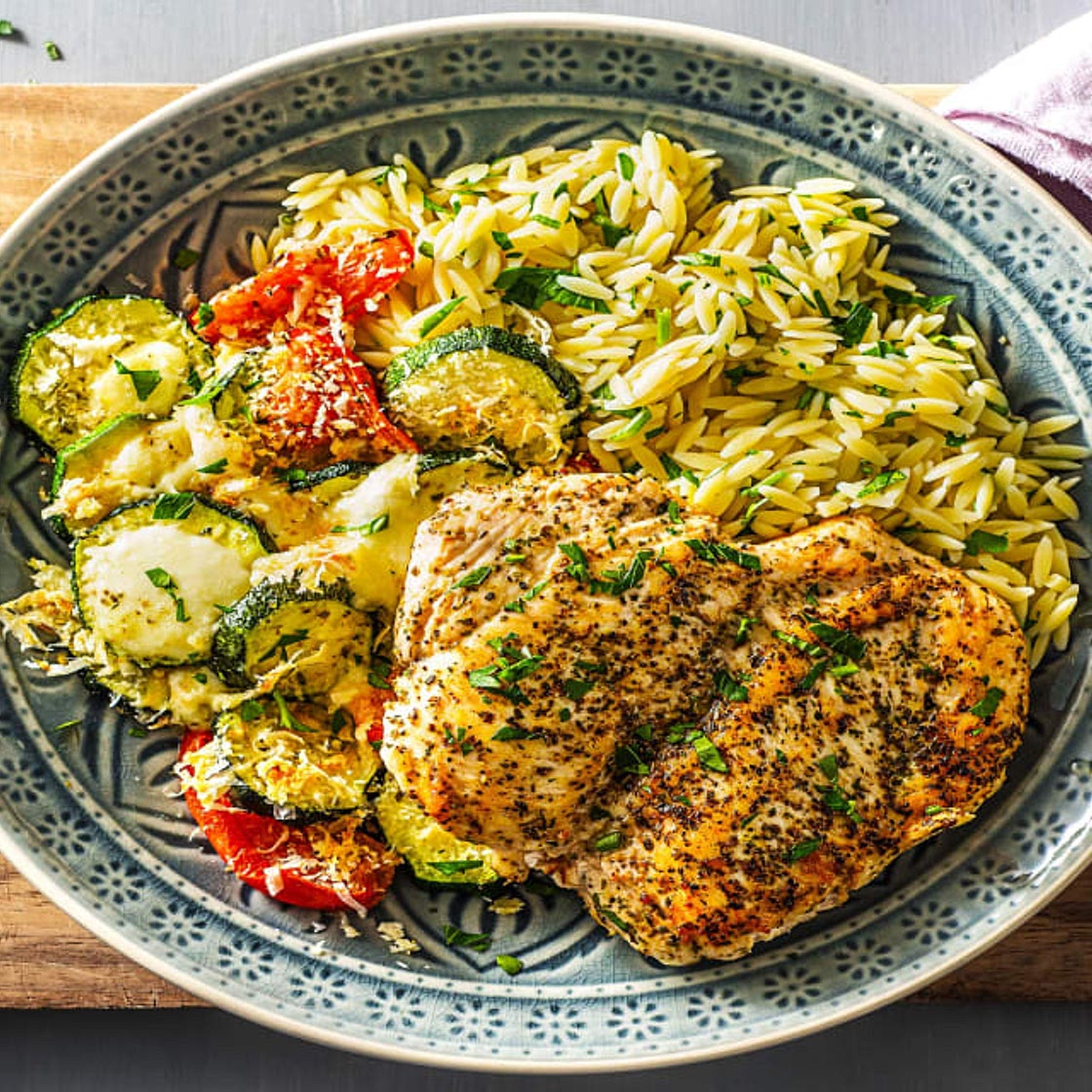 Winner Winner Chicken Orzo Dinner with Cheesy Roasted Zucchini and Tomato