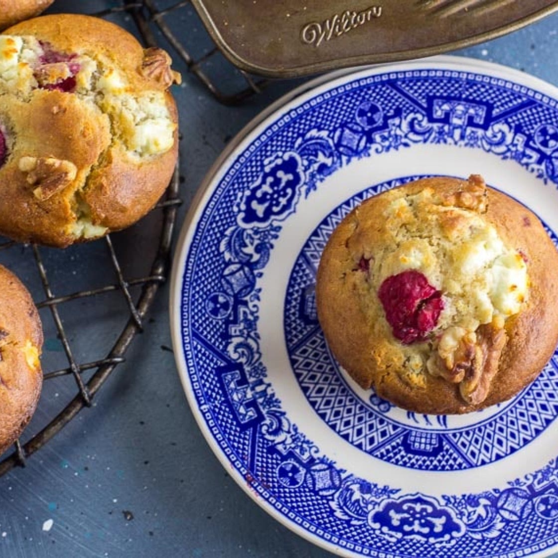 Low FODMAP Olive Oil Muffins with Goat Cheese, Raspberries & Walnuts