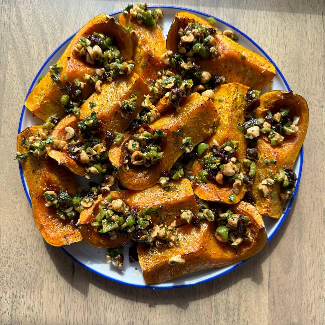 Roasted Honeynut Squash with Sweet and Salty Green Olive Topping