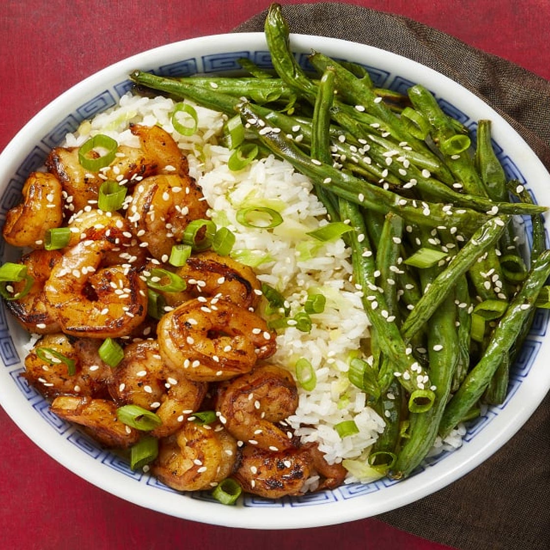 Sizzling Hoisin Shrimp with Ginger Scallion Rice & Crispy Green Beans