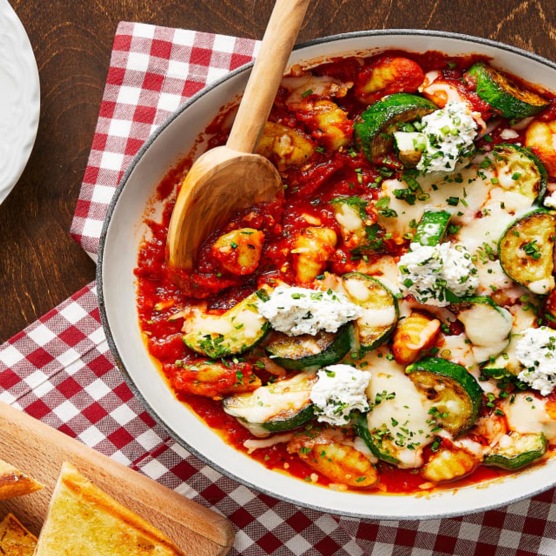 Cheesy Baked Gnocchi with Zucchini, Herby Ricotta & Garlic Bread