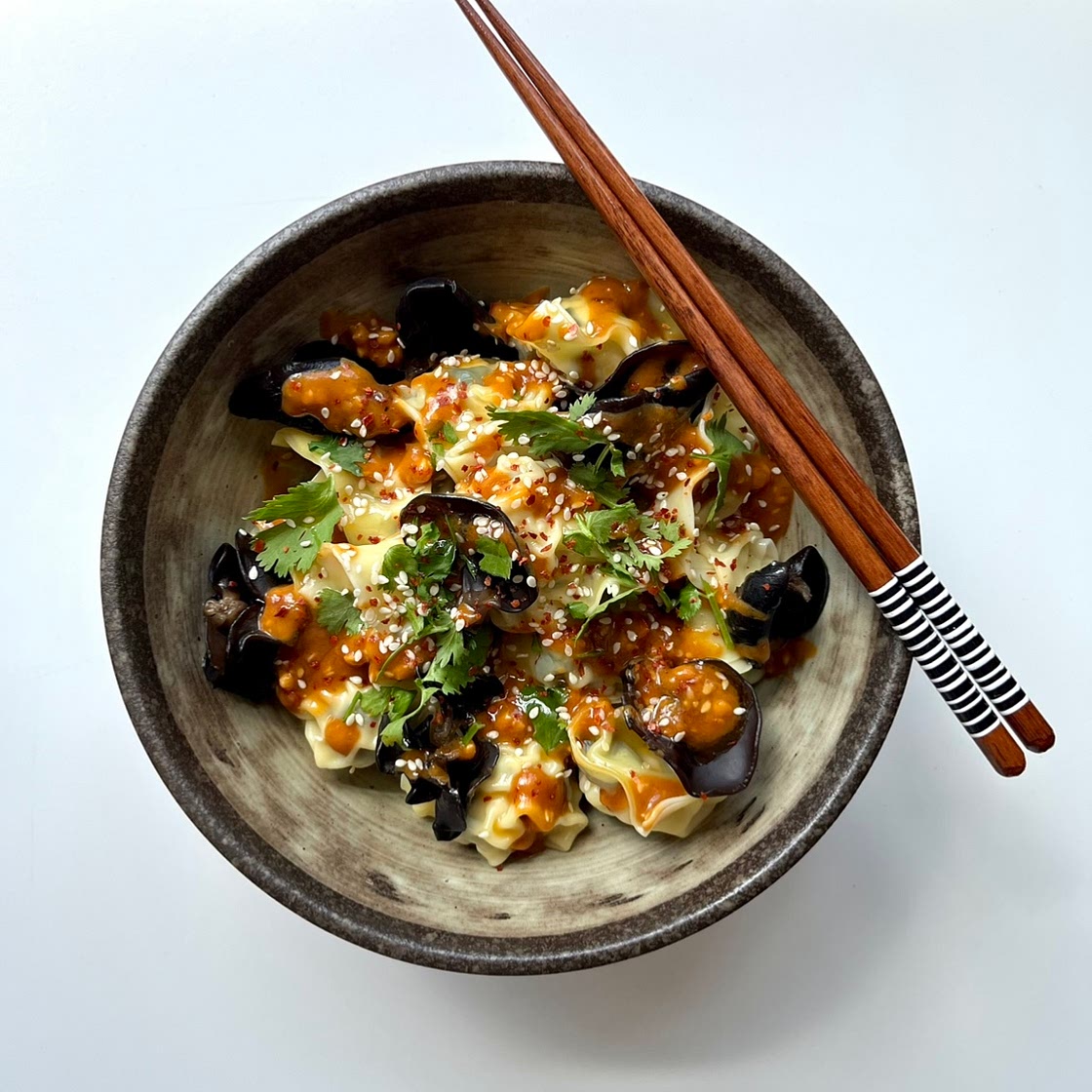 Wood Ear Mushroom Wontons in a Peanut Chilli Oil Sauce