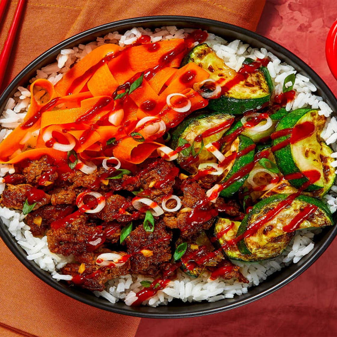 Pork and Veggie Bibimbap with Zucchini, Carrots & Jasmine Rice