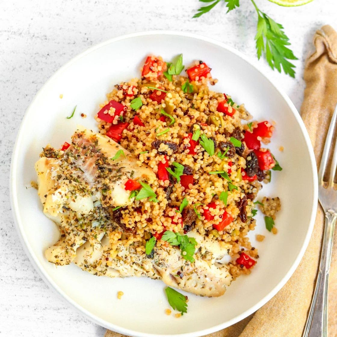 Spiced Haddock with Quinoa and Raisin Salad