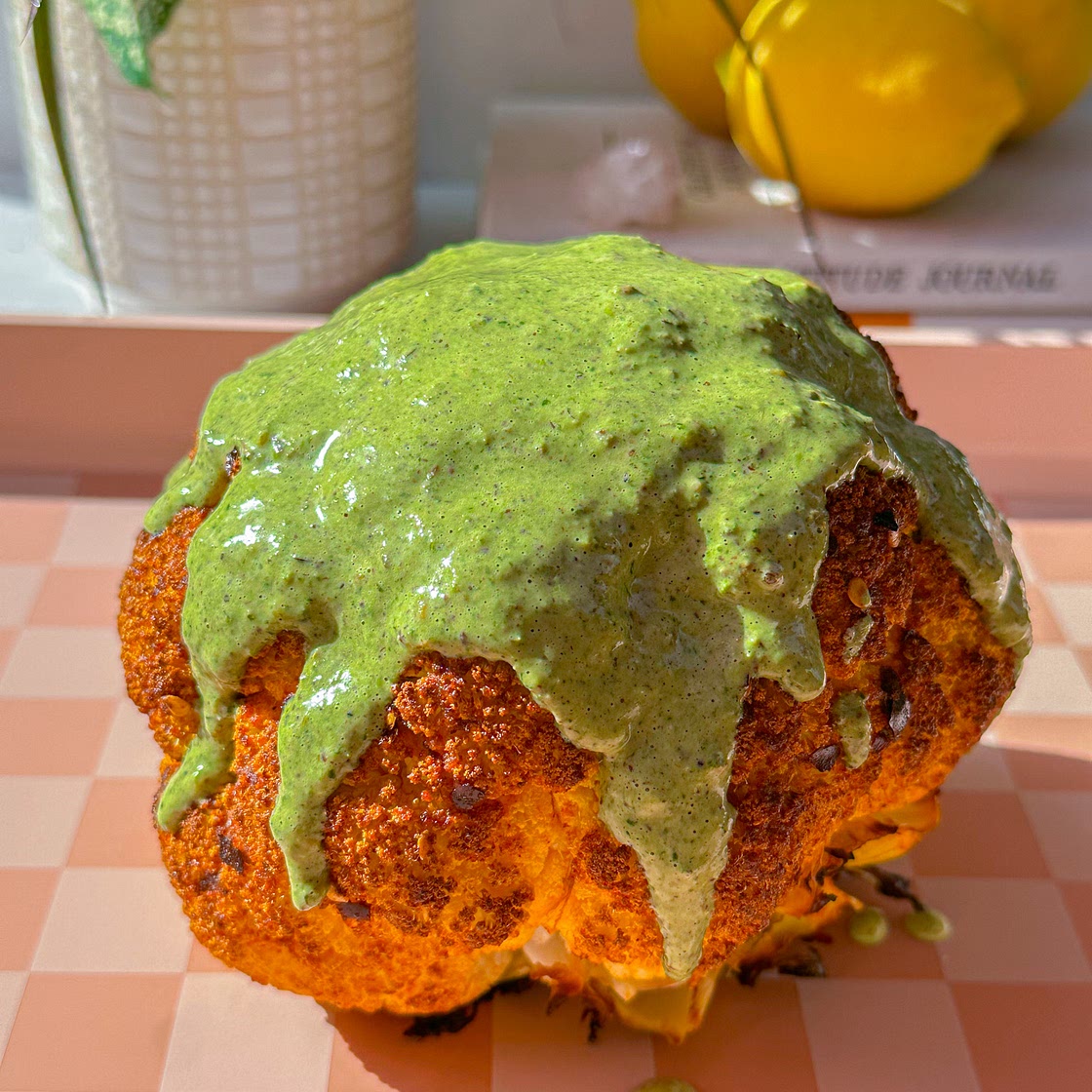 Whole Roasted Cauliflower with Green Tahini Sauce