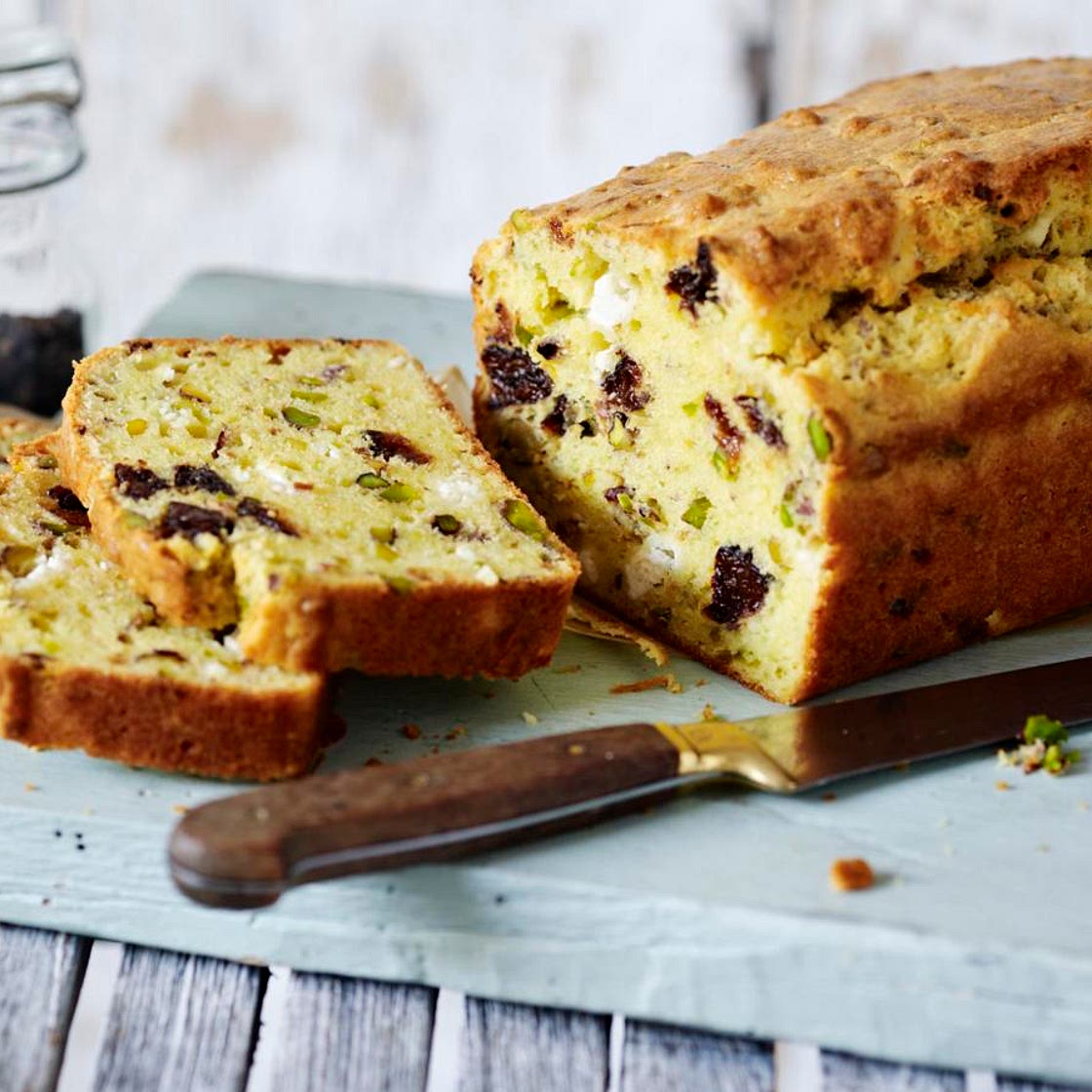 Cheese, pistachio and prune cake