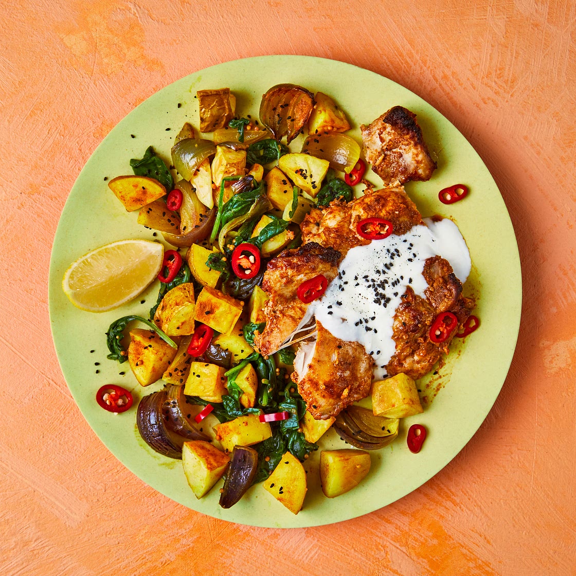 One Tray Indian-Style Spiced Chicken Thigh Tray Bake