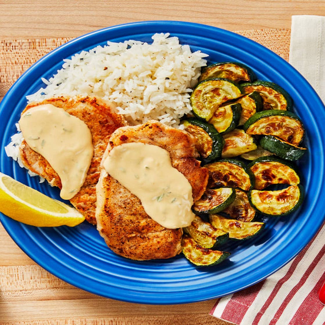 Lemon-Thyme Pork with Roasted Zucchini & Garlic Herb Rice