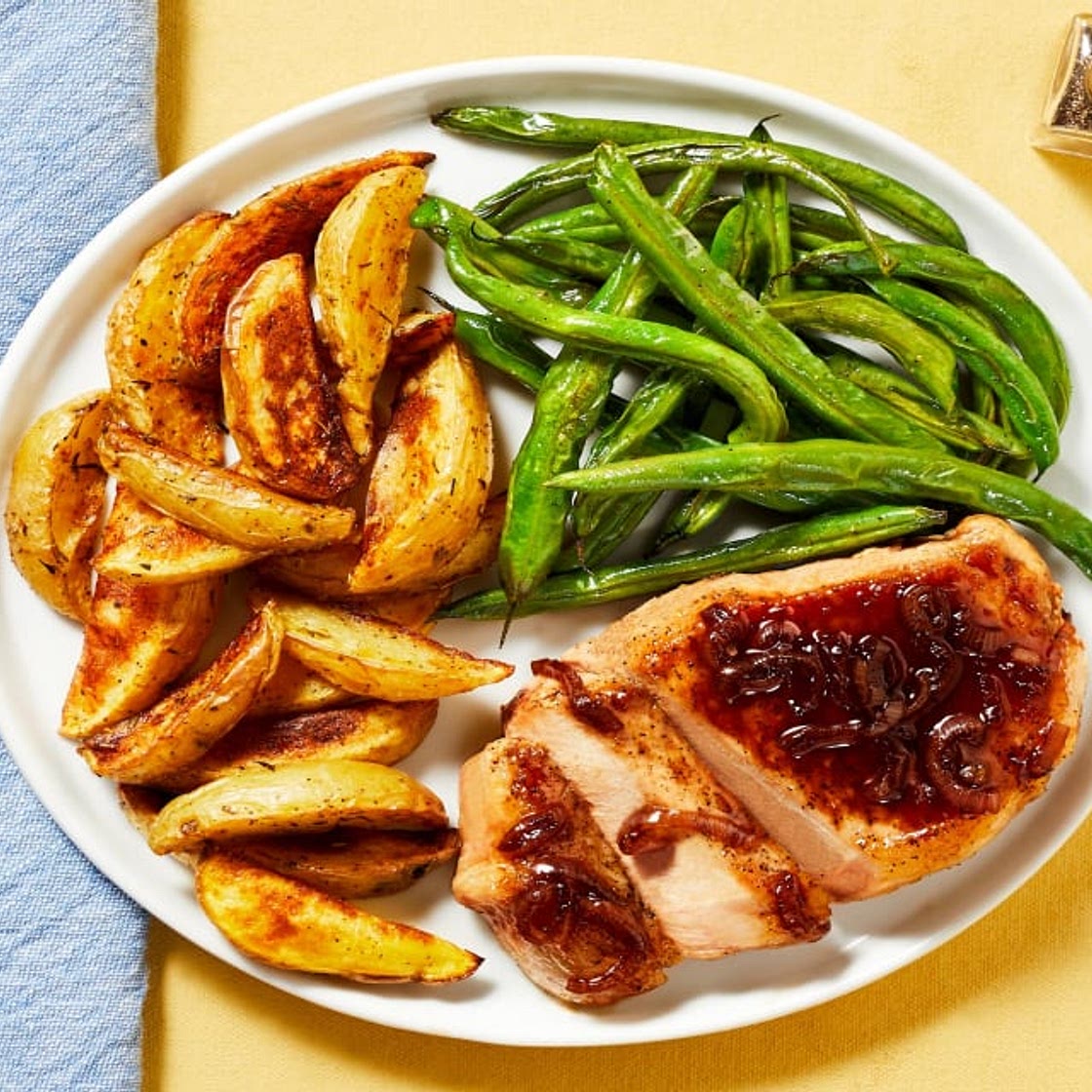 Cherry Balsamic Pork Chops with Green Beans & Thyme-Roasted Potatoes