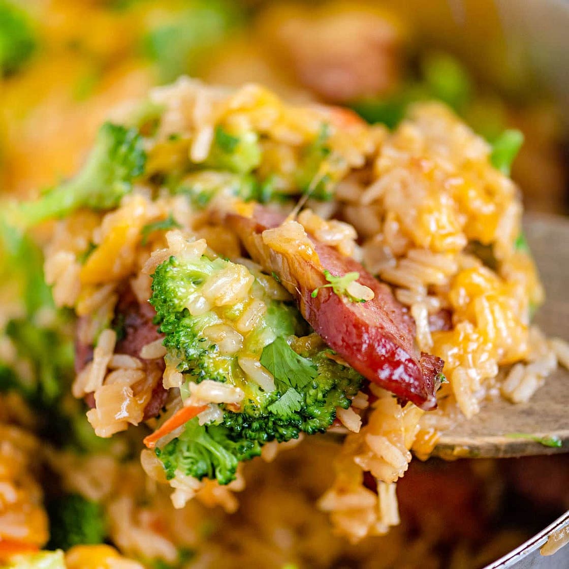 Cheesy Kielbasa Rice and Broccoli Skillet