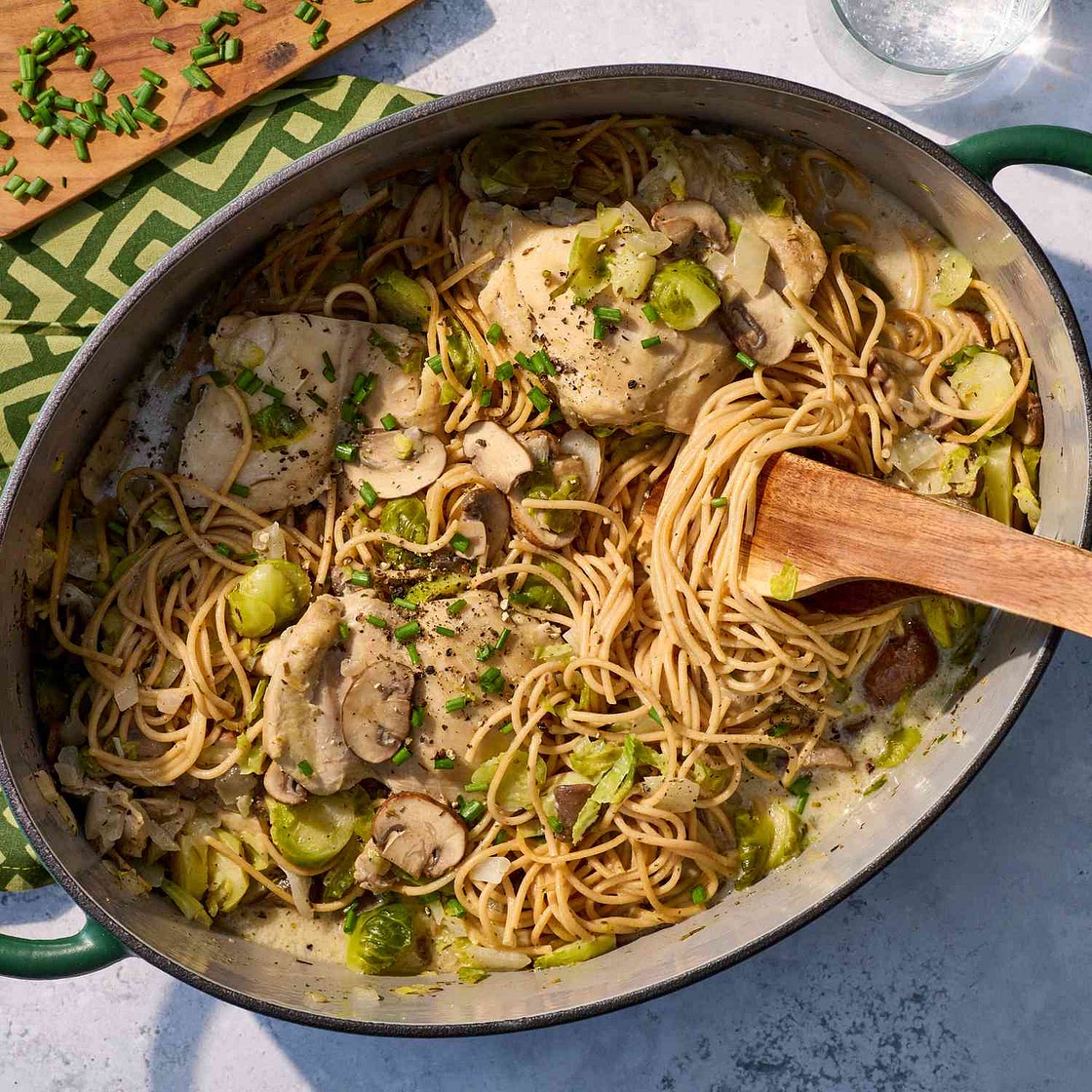 Creamy Chicken, Brussels Sprouts & Mushrooms One-Pot Pasta