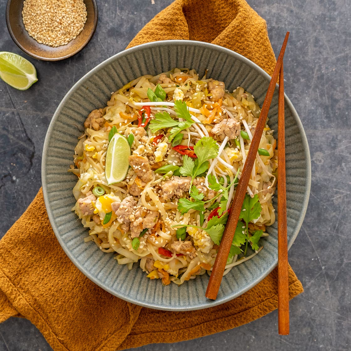 Chicken "Egg Roll" Noodle Bowl with Cabbage, Carrots, and Bean Sprouts