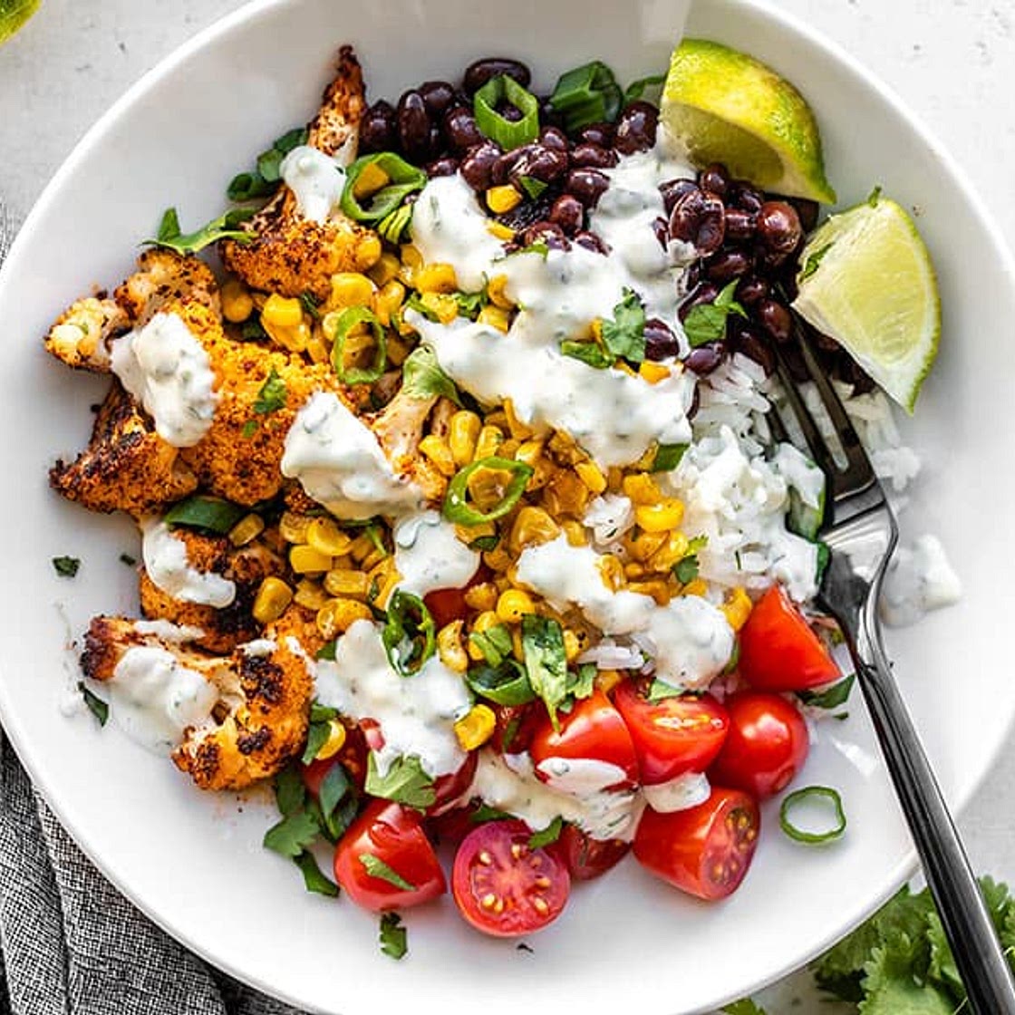 Roasted Cauliflower Taco Bowls with Cilantro Lime Ranch