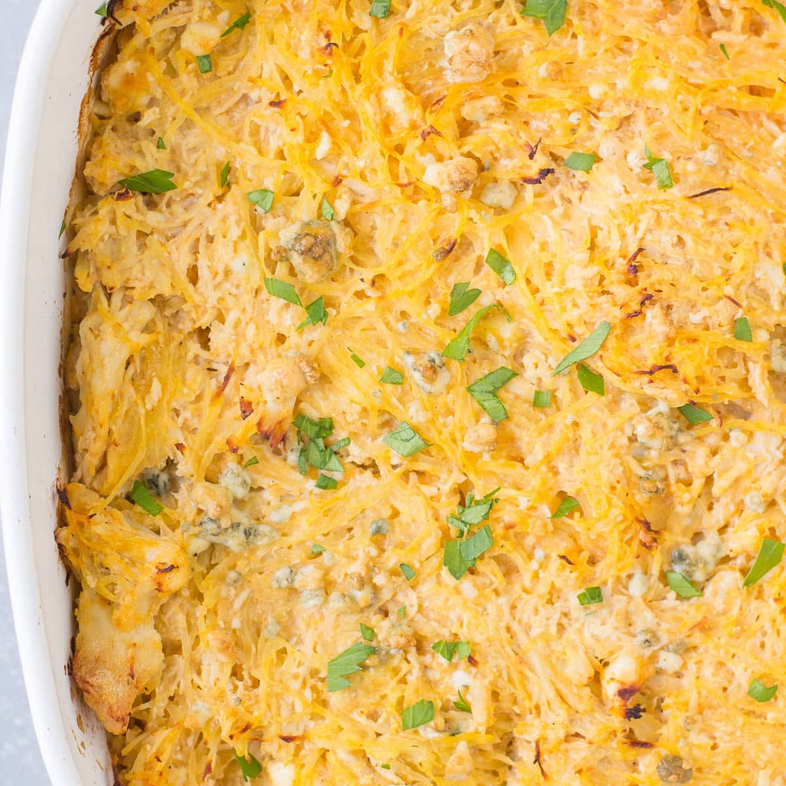 Healthy Buffalo Chicken Spaghetti Squash Casserole