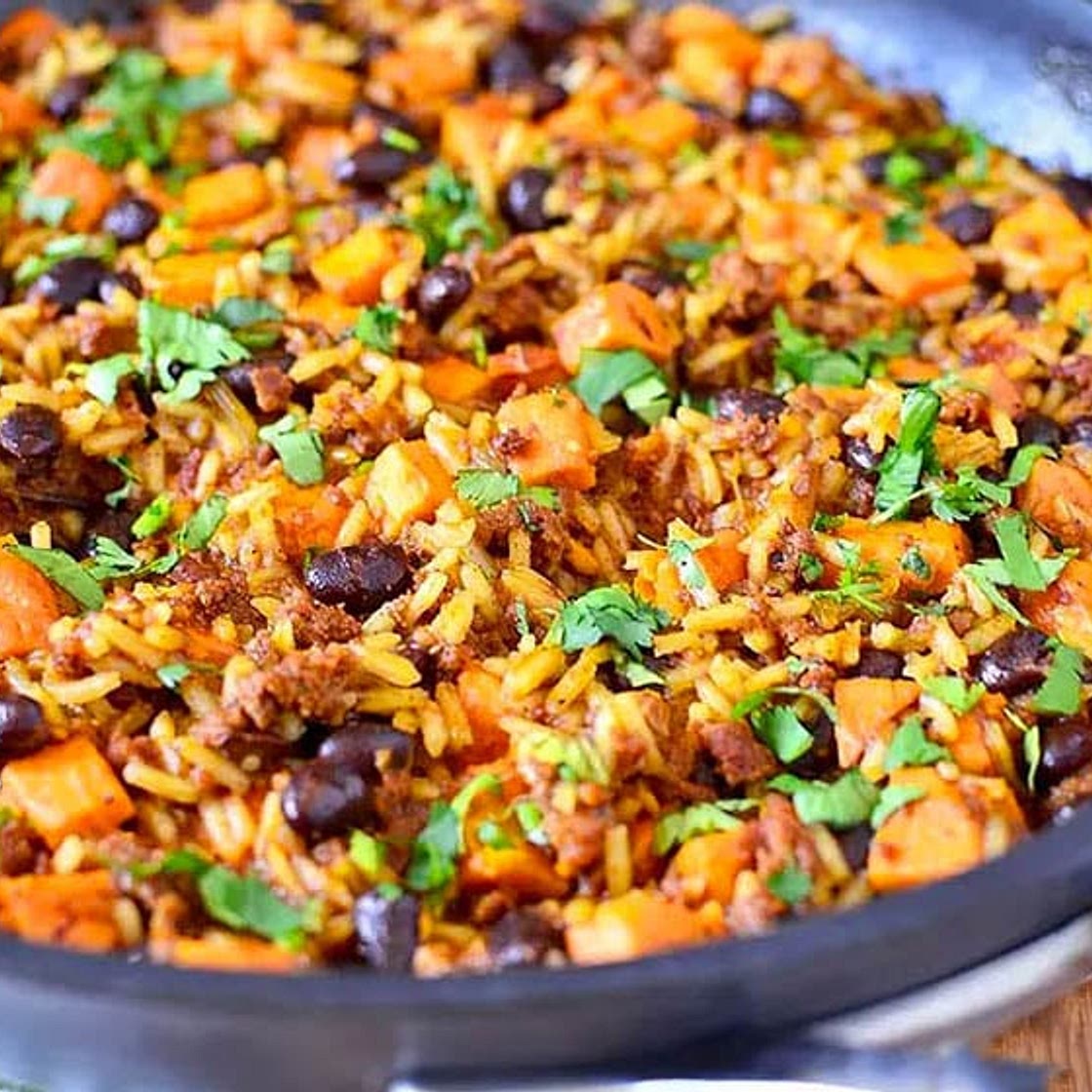 Chorizo, Sweet Potato and Black Bean Rice Skillet