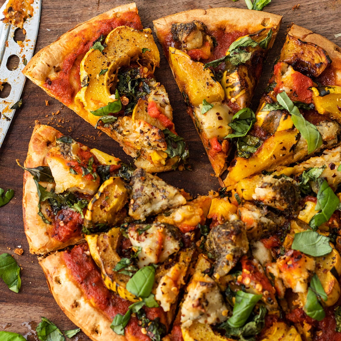 Vegan Fall Harvest Pizza with Delicata Squash and Basil