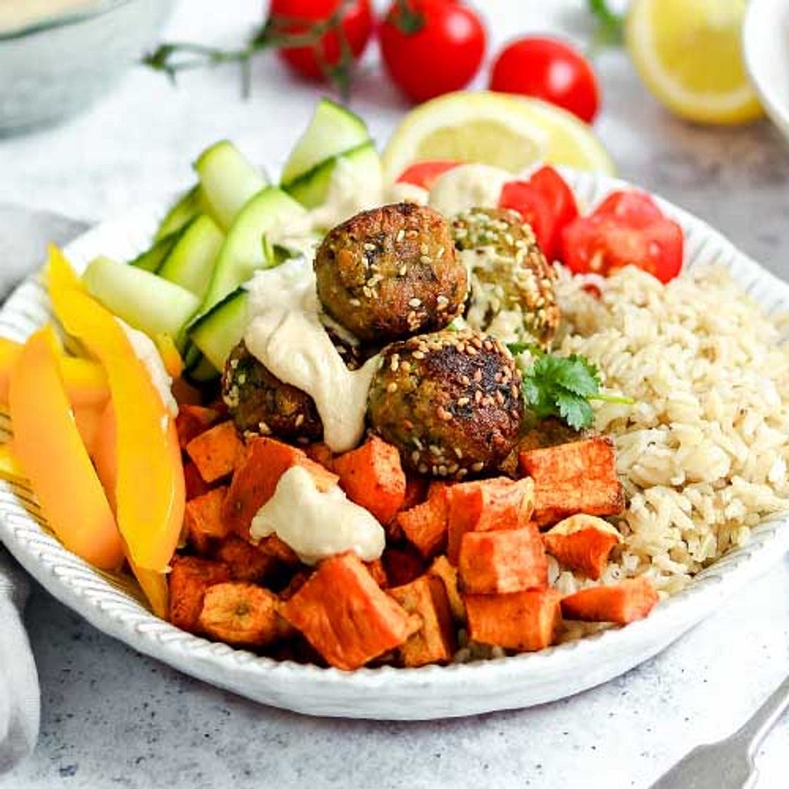 Falafel Bowls with Brown Rice and Tahini Sauce