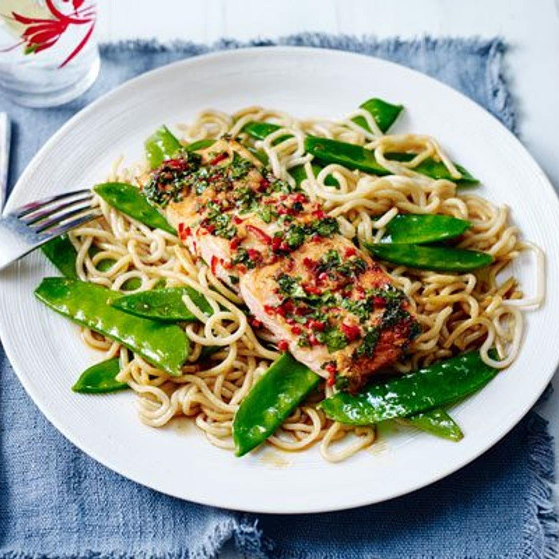 Chilli salmon & teriyaki noodles
