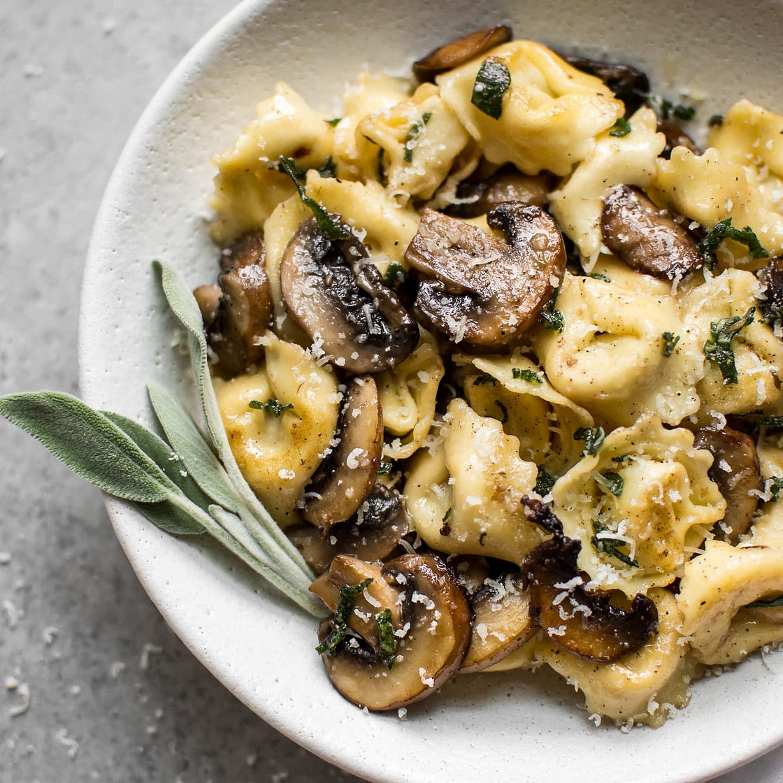 Cheese Tortellini with Butter, Mushrooms, and Crispy Sage